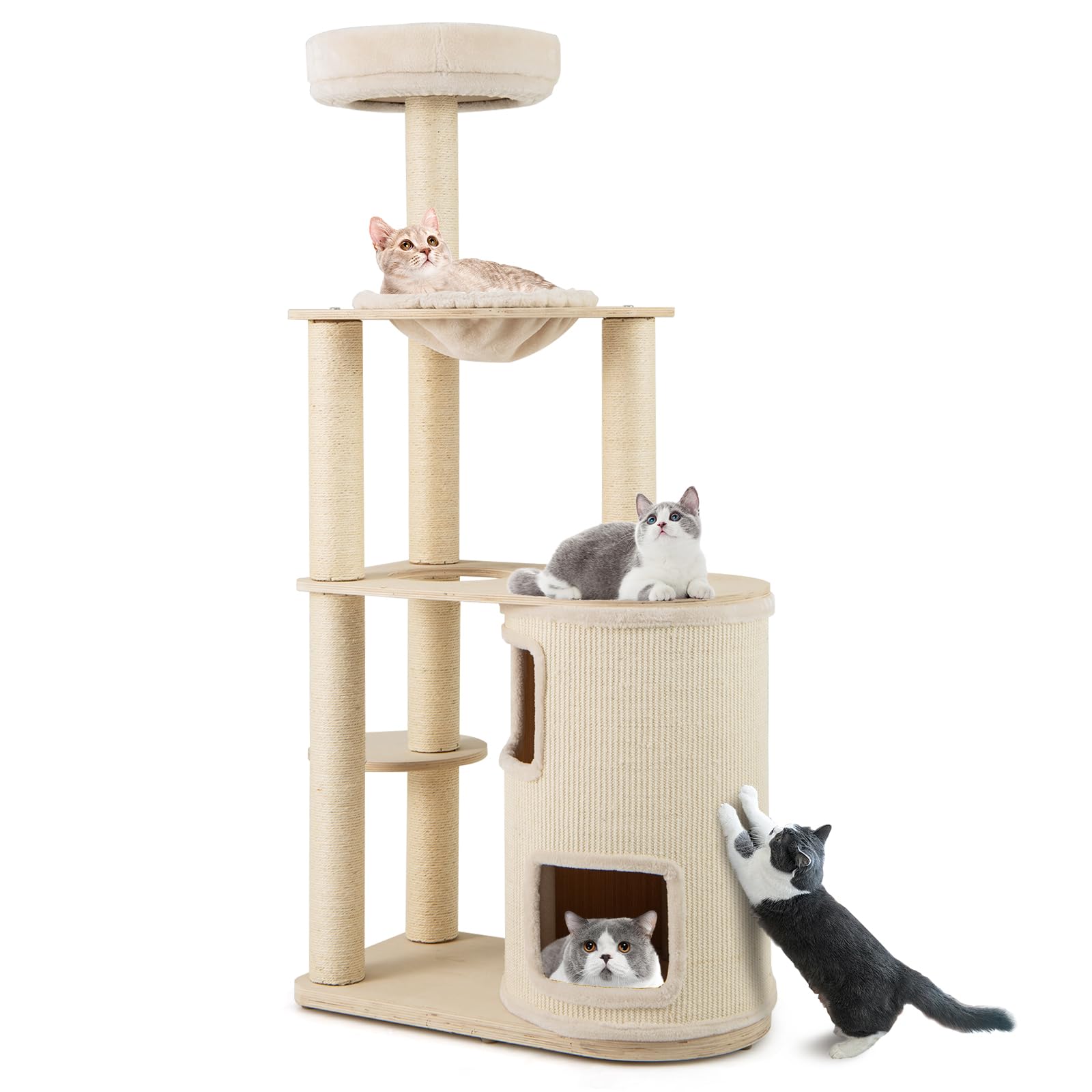 Tangkula 60 Inch Multi Level Modern Wooden Cat Tower with 2 Story Condo